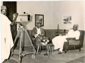 Alhaji Ahmadu Bello (Sardauna of Sokoto and the premier of Northern Nigeria) being interviewed on TV prior to his departure on pilgrimage to Mecca.