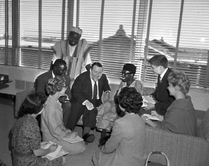Nigerian Independence Meeting 1960 Andrew Gilchrist, British Consul General and Nigerian students Ola Idawu and Charles Okpala hold a Jr. press conference with Chicago Highschool newspaper editors just days before Nigeria's Independence September 28, 1960